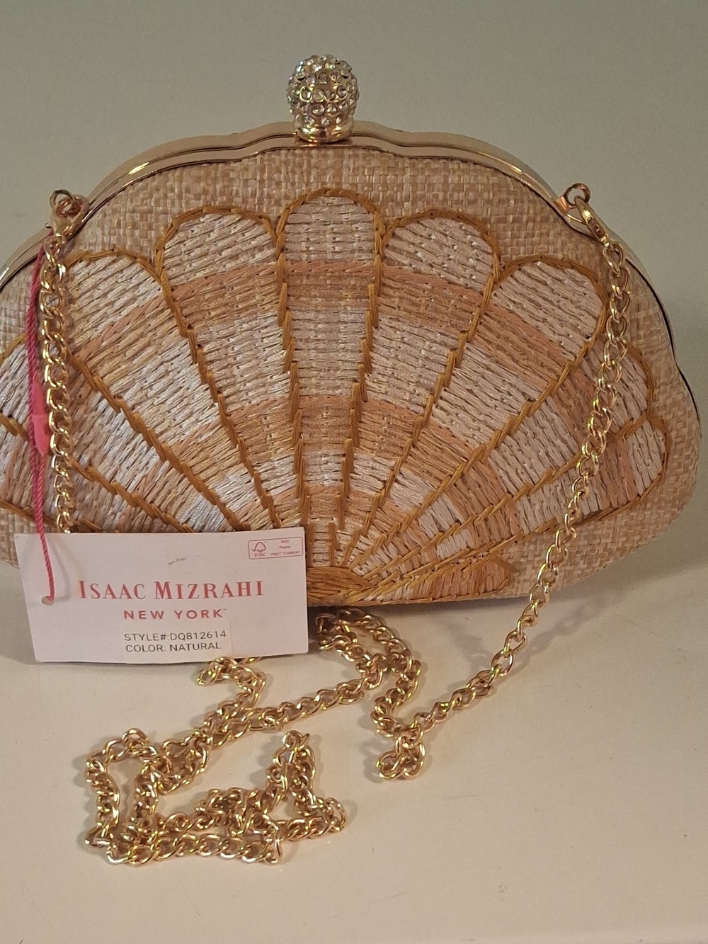 Isaac Mizrahi Natural Woven Shell Clutch with Gold Chain